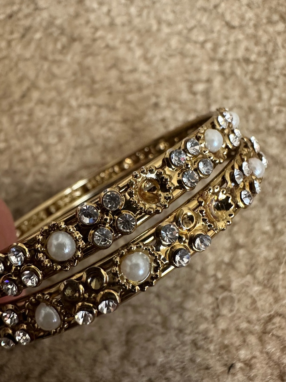 Gold Pearl & Crystal Bangle Bracelet Set - Elegant Women's Jewelry - Picture 3 of 3